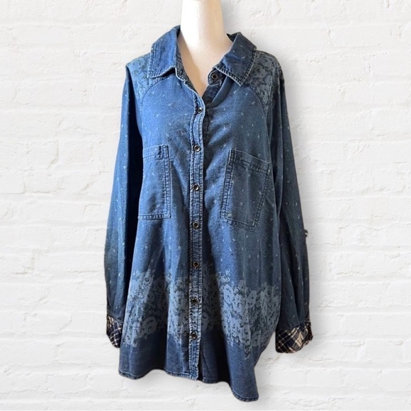 DENIM 24/7 stone wash shirt jacket pockets floral details button cuffs plus size - Picture 1 of 13